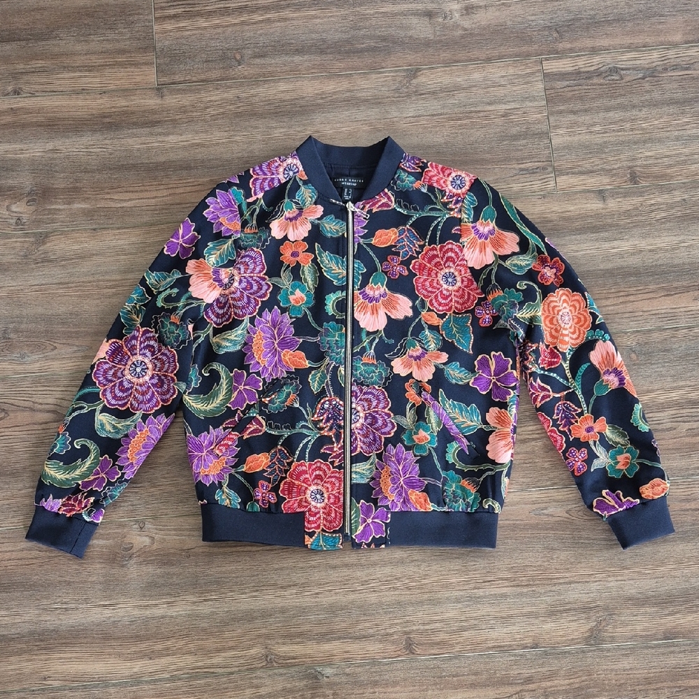 Susan Graver Navy Bomber Jacket with Multicolor Floral Print